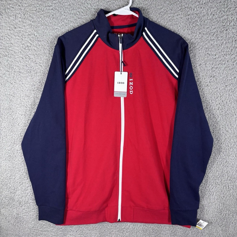 NEW IZOD Advantage Performance Stretch Jacket Mens M Red White Navy Full Zip‎